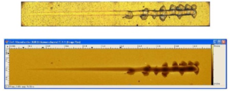 Вид сверху: Оптическое изображение и изображение ConScan 2-мм царапины на образце TiN